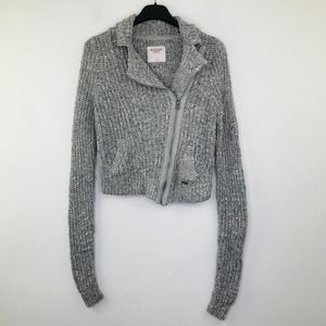 Abercrombie & Fitch Small Sweater Gray White Marled Knit Full Zip Moto